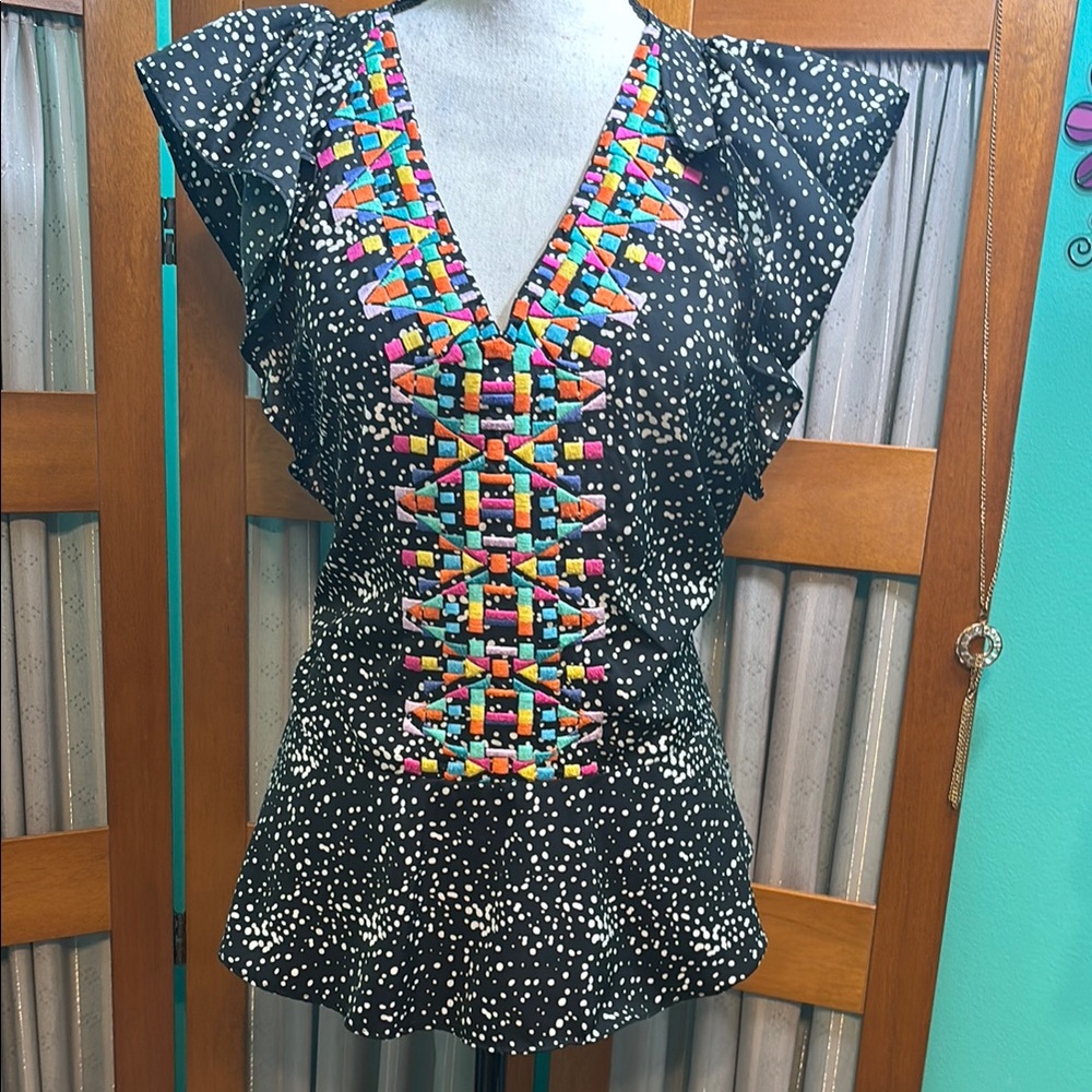 THML Embroidered Black and Multicolor Women's Top